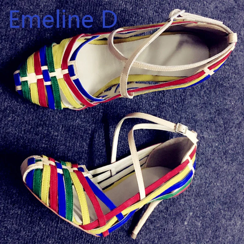 Multi Colored Sandals with Fashionable and Multi Material Patterns, Spliced Buckle Strap Design Toe Cover Fashion High Heels
