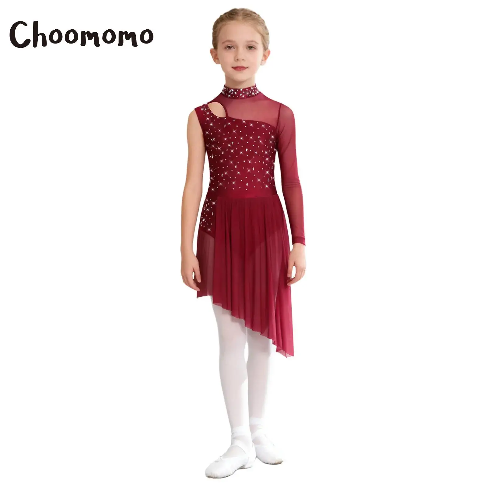 

Girls Gymnastics Figure Skating Ballet Lyrical Dance Costume Asymmetrical Side Split Sheer Mesh Rhinestones Contemporary Dress