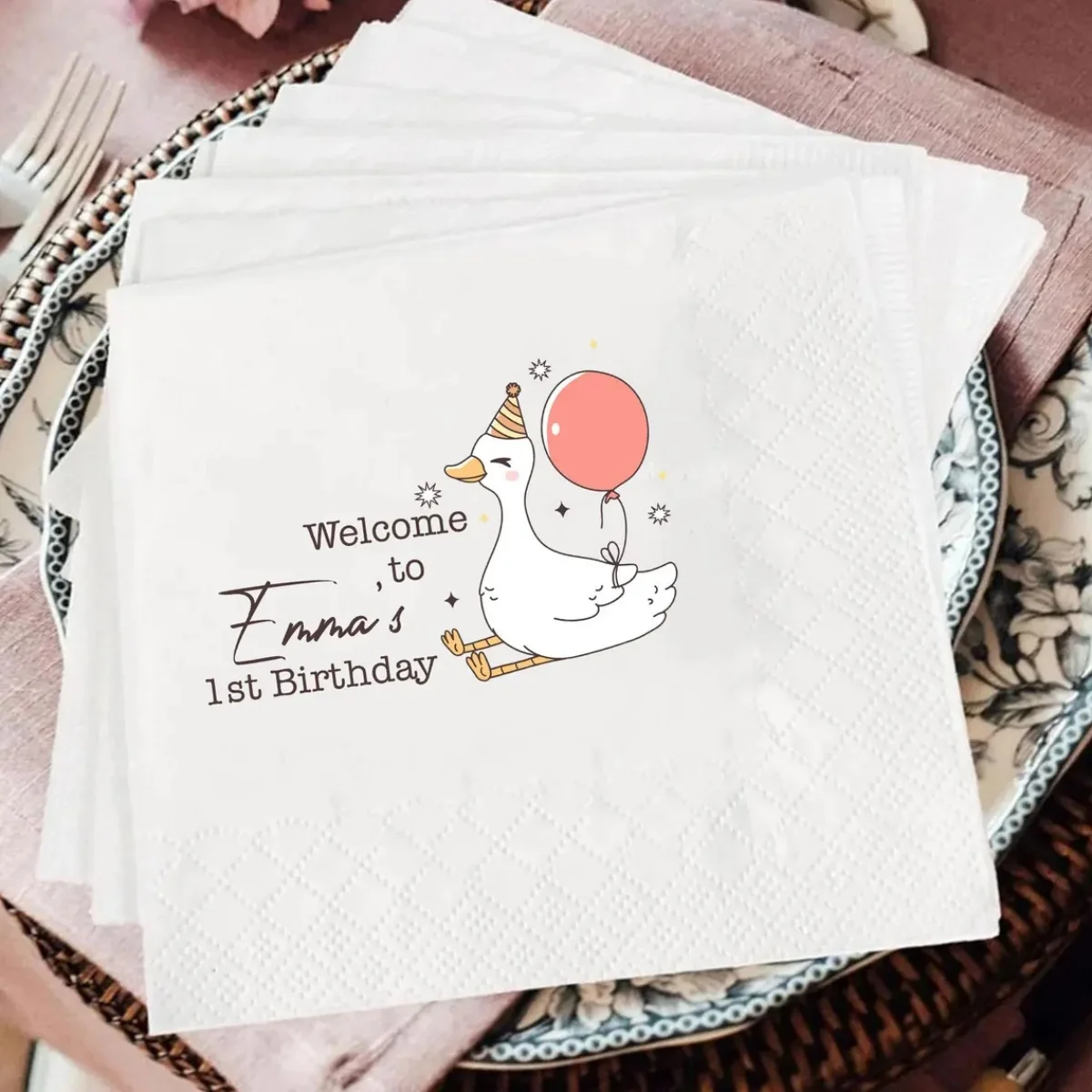 

50pcs Personalized One Lucky Duck Napkins, Goose Coquette Baby Shower Napkins, Baby Shower & Birthday Party Decor