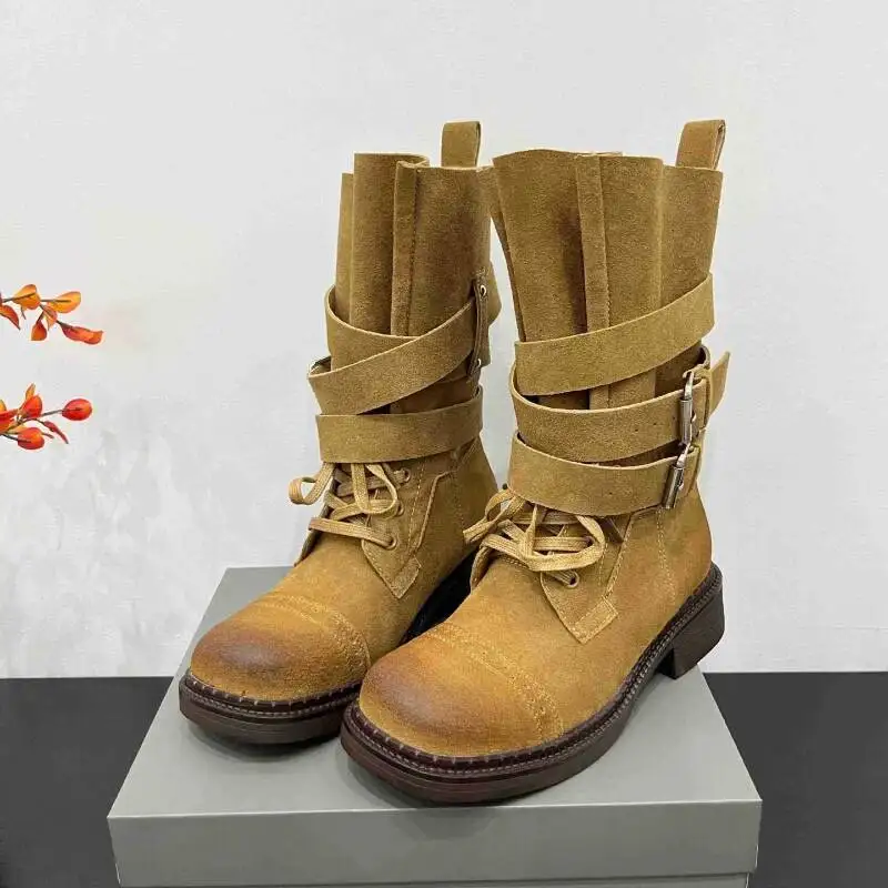 

Vintage Suede Lace-up Mid-boots Women Fashion Design Rubbed Color Ankle Boots Cross Belt Buckle Motorcycle Boots Female
