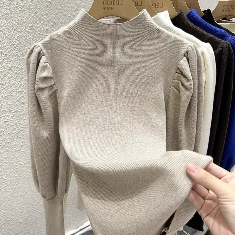 เสื้อสเวตเตอร์ผู้หญิง แขนพอง คอเต่าครึ่งตัว ดีไซน์ทันสมัย สีพื้น สำหรับฤดูใบไม้ร่วงและฤดูหนาว รุ่นใหม่ล่าสุด