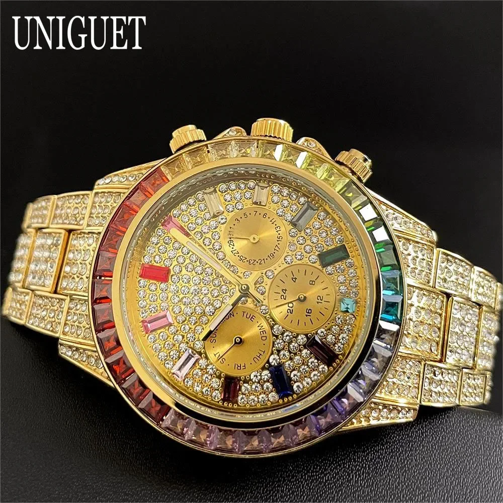 Hot Fashion Green Watches Men Brand UNIGUET Luxury Stainless Steel Hip Hop Rainbow Diamond Quartz Wristwatch Male Dropshipping ﻿