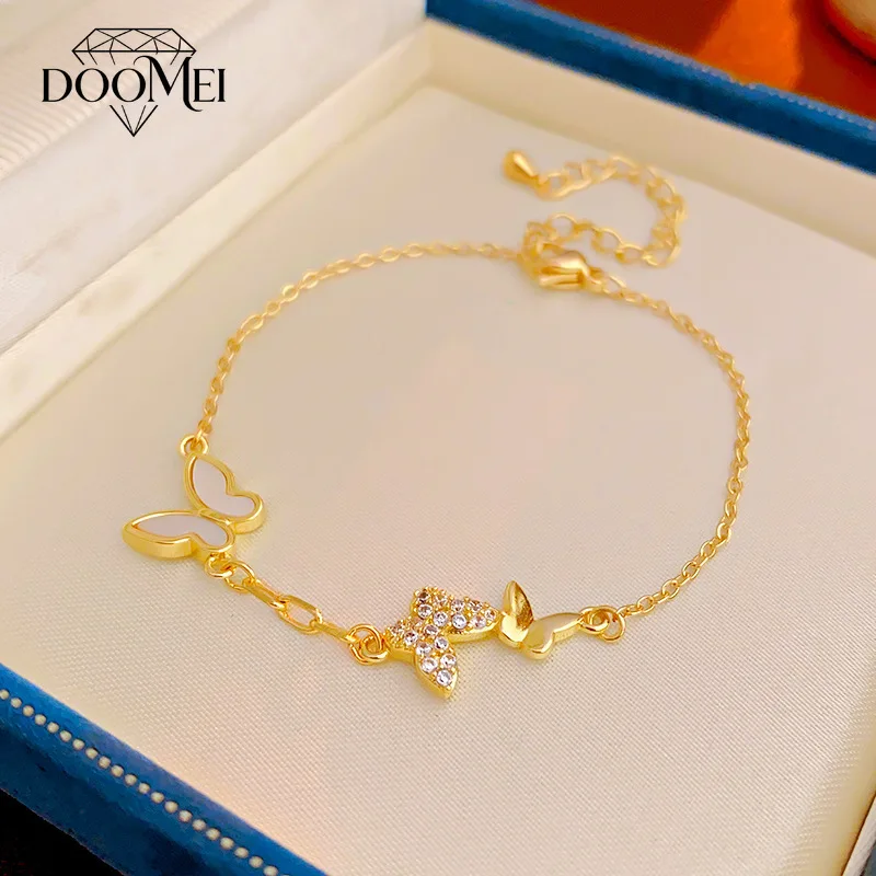 DOO MEI Light Luxury Butterfly Bracelet 14K Gold Plated Bracelet Inlaid with Cubic Zirconia and Seashells for Women Dating Wear