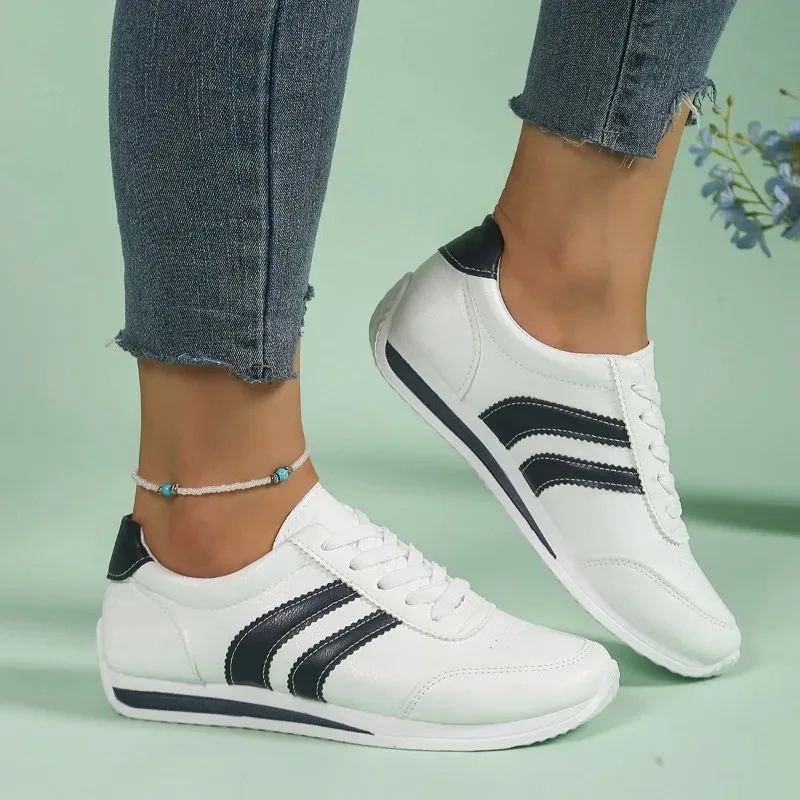 Zapatillas deportivas informales con cordones para mujer, con suela suave, diseño de rayas azules, cómodas, antideslizantes, con cordones, informales, deportivas