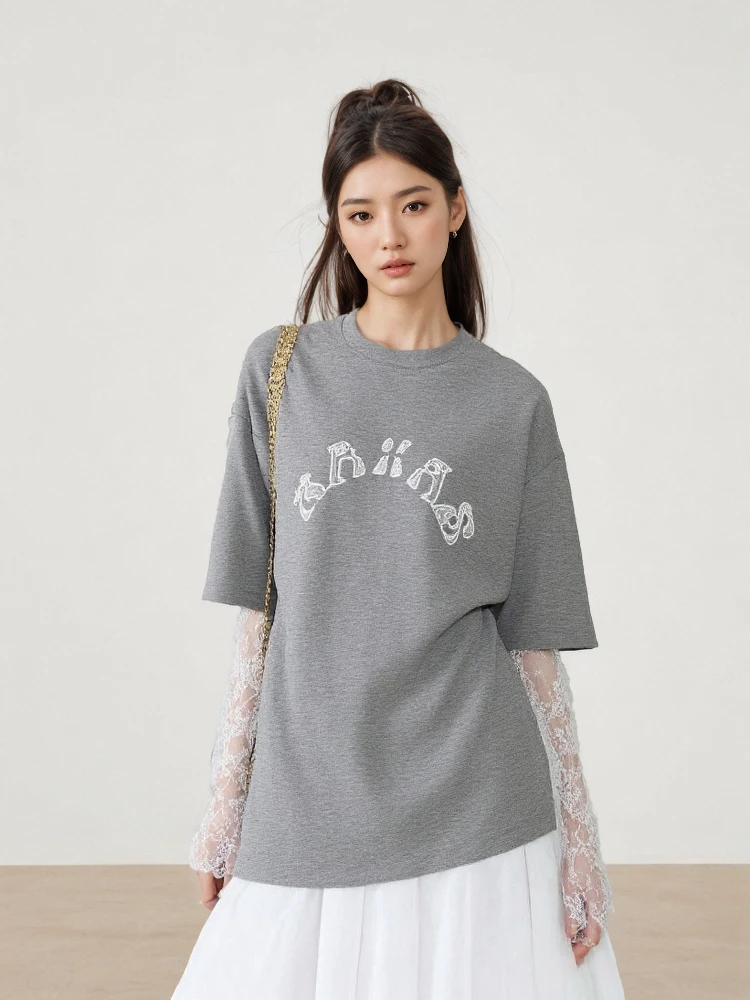 

Casual Faionable Print Lace Sve T-irt Top BWZ Spring Summer New Arrival Versatile Design Fake Two-Piece Cotton Polyest...