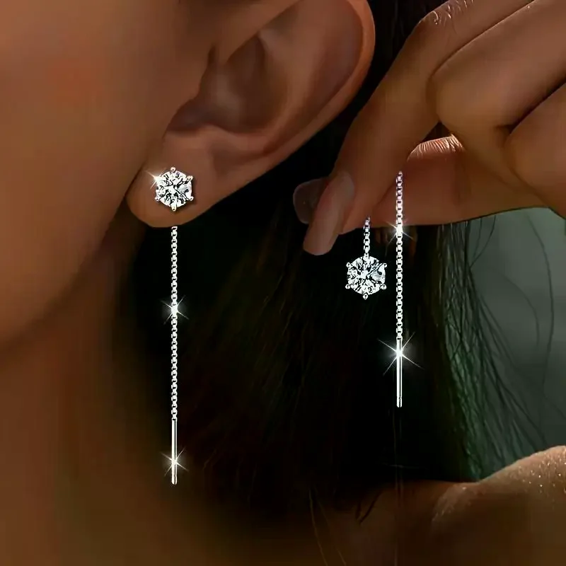 6mm Round Moissanite Diamond Tassel Long Threader Earrings For Women Classic Six-Claw Ear Wire Jewelry