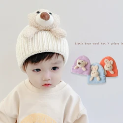 Cartoon Bear Beanie Cap for Baby Winter Warm Knitted Wool Hat for Toddler Boy Girl Solid Color Cute Doll Kids Crochet Hats