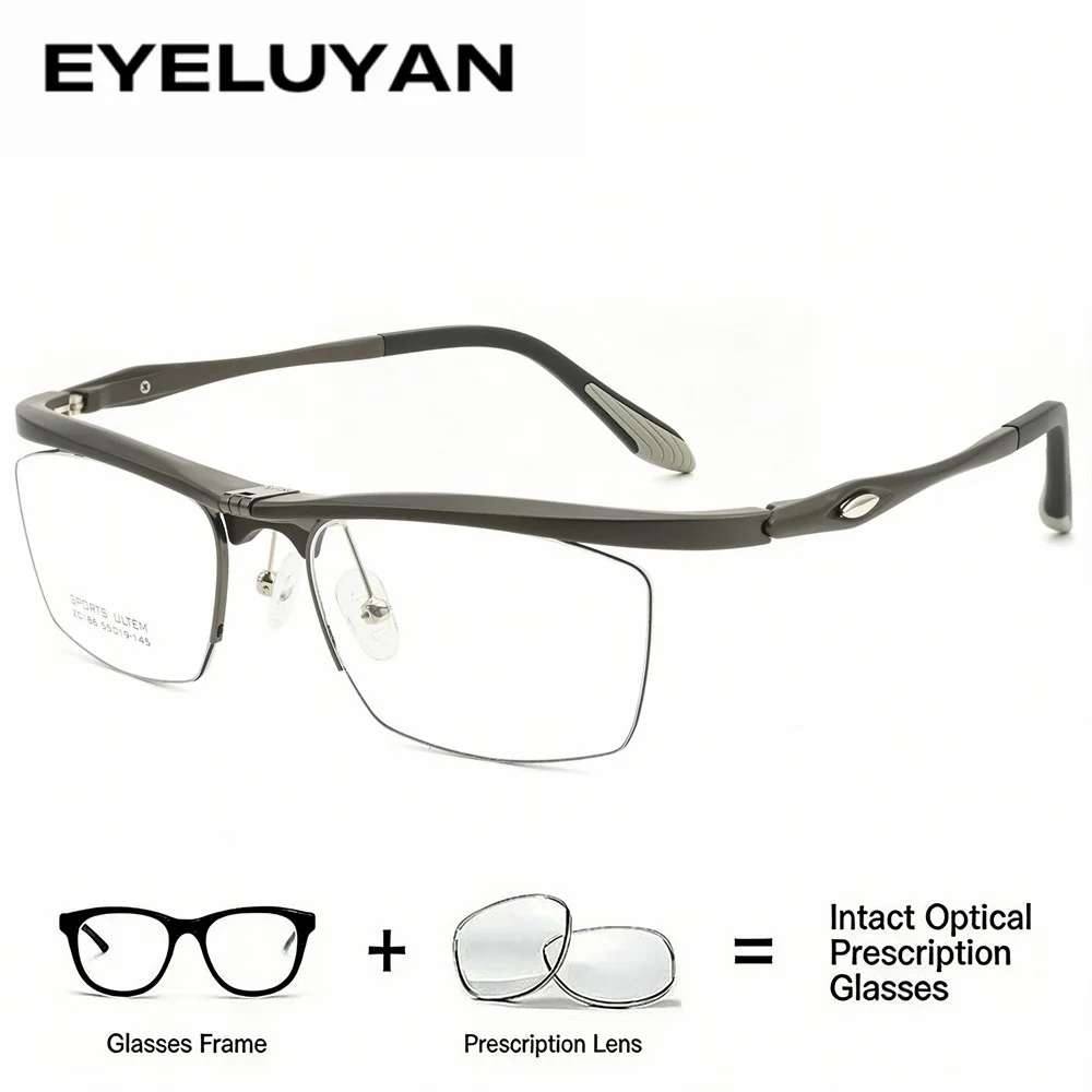 

EYELUYAN 180 ° Flip Up Fashion Sports Men's Square Half Rim Eyeglasses Durable Anti-slip Casual Optical Prescription Glasses