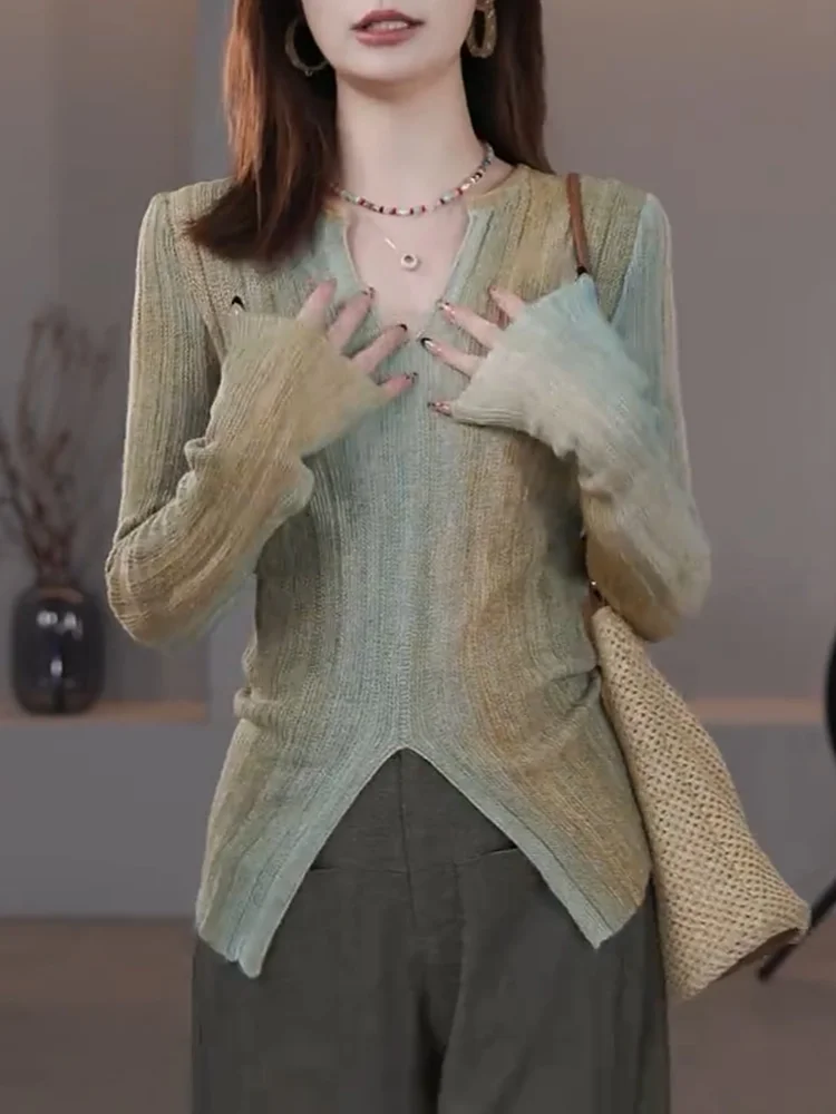 

Ele Vintage V-Ne Knitwear Faionable Versatile Large Size Women's Top for Autumn Season High-Quali Camere Material