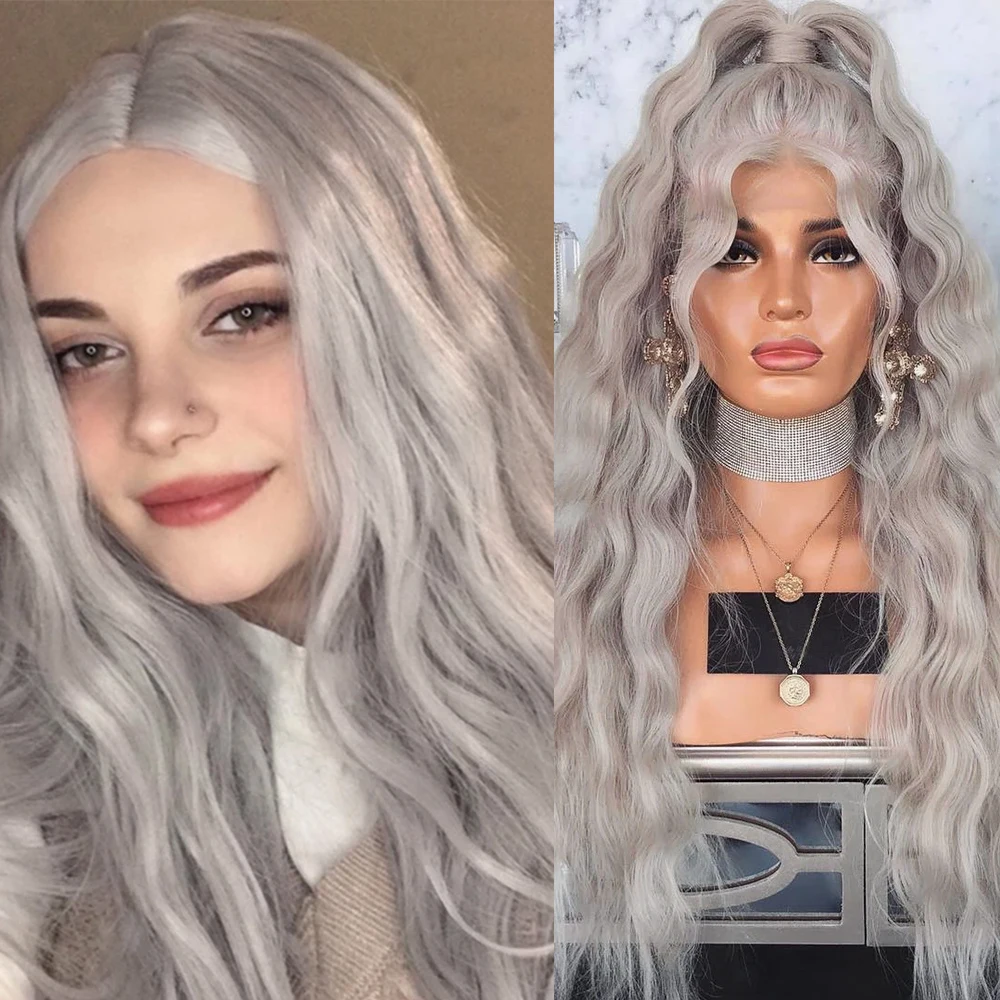 RONGDUOYI Silver Grey Synthetic Wig Natural Hairline Body Wave Grey Hair Lace Front Wigs Women Cosplay Makeup Use Silver Hair