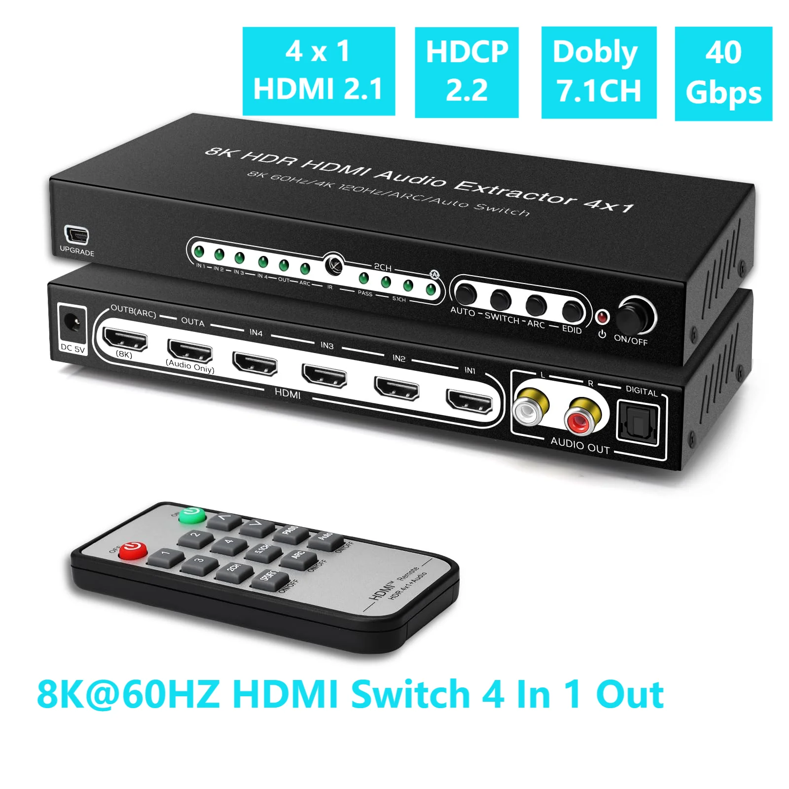 

8K HDMI Switch 4 In 1 Out with 7.1CH Audio Extractor & ARC,4x1 HDMI Switch Audio Converter Support Optical CEC,UHD,HDCP2.2,3D