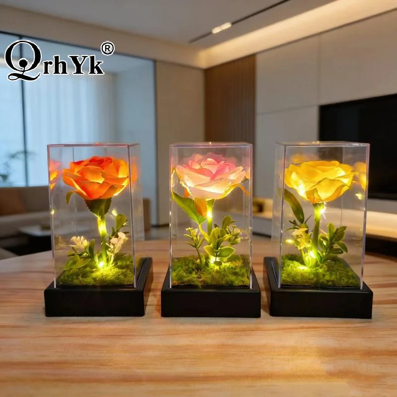 1Pcs Mother's Day Birthday Gifts Simulated Rose Flower Glow Rose In The Acrylic Artificial Flower Desk Accessory Flower With Box