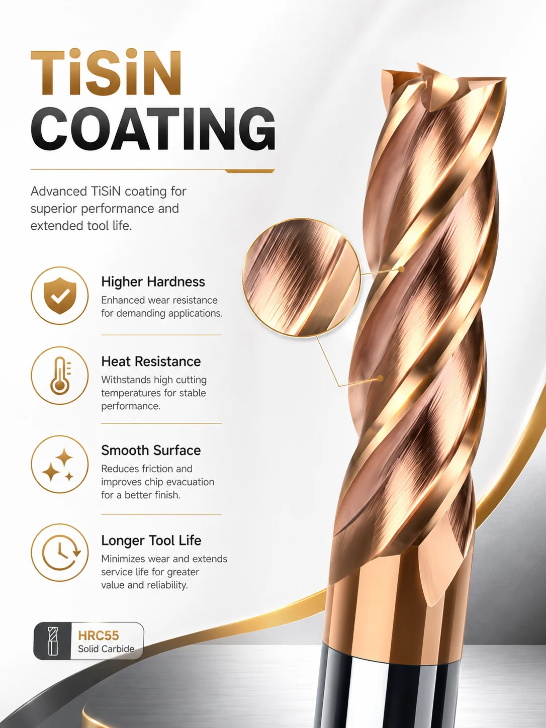 HRC55 Vollhartmetall-Schaftfräser TiSiN-beschichtete Schaftfräser 4-schneidiger CNC-Fräser 35 ° Helix-Doppelmarge für CNC-Schneidwerkzeuge aus Stahl – Detail 2
