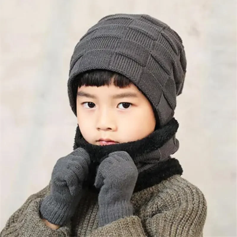 Winter Child Hat Scarf Gloves 3 Peice Set Kids Outdoor Warm Knitted Plush Cap Scarves And Touchscreen Gloves Boys Accessories