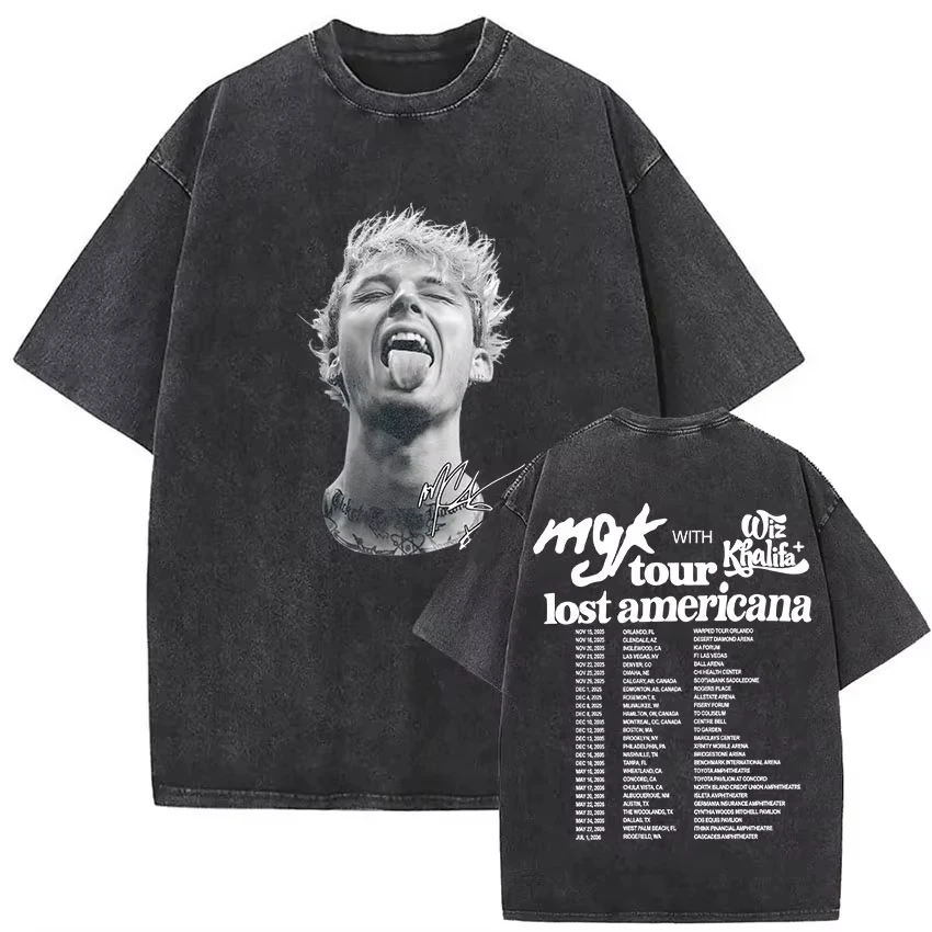 Rapper MGK Lost Americana Tour Poster Print T-shirt Men Women Machine Gun Kelly Vintage Washed Cotton Oversized Summer New Tee