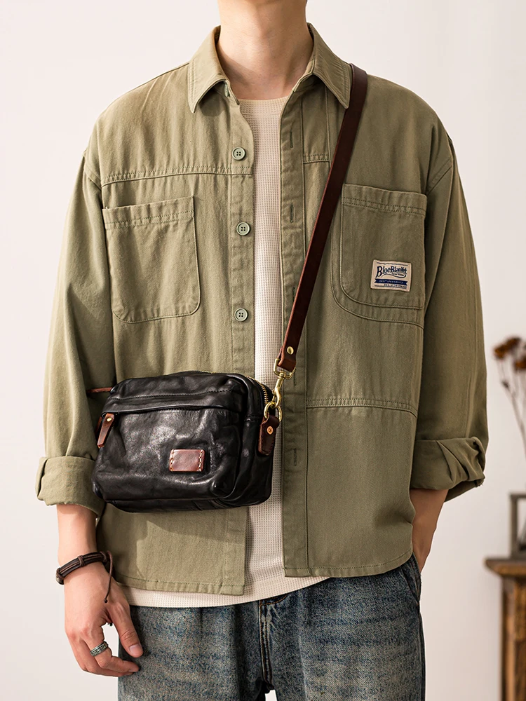 weekend outdoor daily party vegetable tanned cowhide men's shoulder bag Vintage casual genuine leather sport crossbody bag