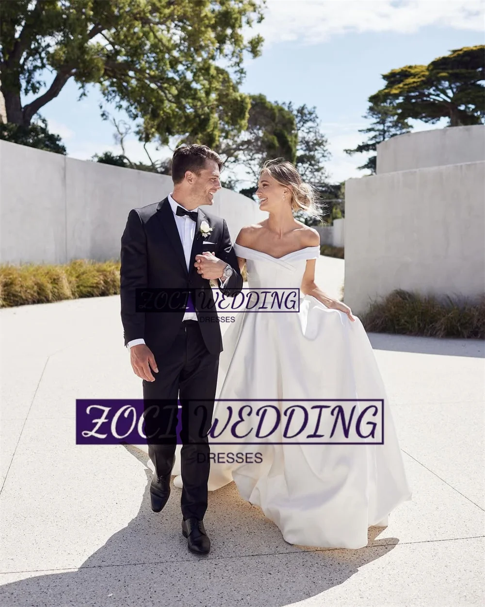Zoci Elegante scollo a V A Line Abiti da sposa con spalle scoperte Abito da sposa in raso Abiti da sposa personalizzati Abito da sposa senza schienale