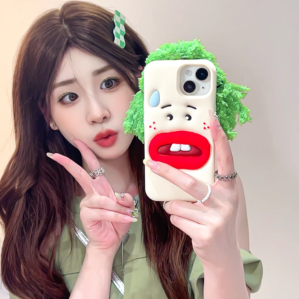 Super Funny Green hair boy Rabbit teeth For iPhone  16 15 14 13 12 Pro Max Case Sexy red lips Cartoon Silicone Cover Skin Funda