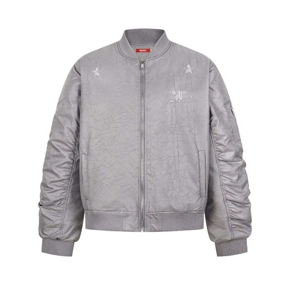 

Men's Winter Heavy-Duty Pilot Baseball Jacket Loose-Fitting Pleated Textured Quilted Thick Outerwear for Casual Style