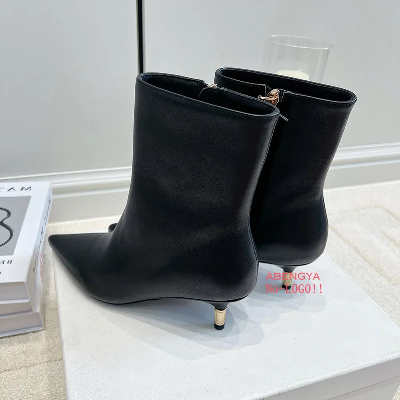 Winter New Leather Middle Calf Boots Women Pointy Toe Side Zip High Heels Short Boots Designer Casual Party Chelsea Boots Women