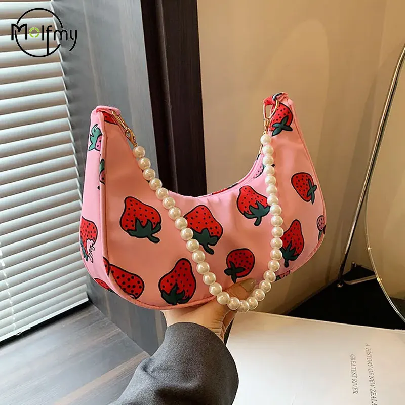 Luxury Lrand Bag Strawberry Tote Handbag For Women With Single Pearl Underarm Purse Half Moon Light Weight Nylon Casual Handbags