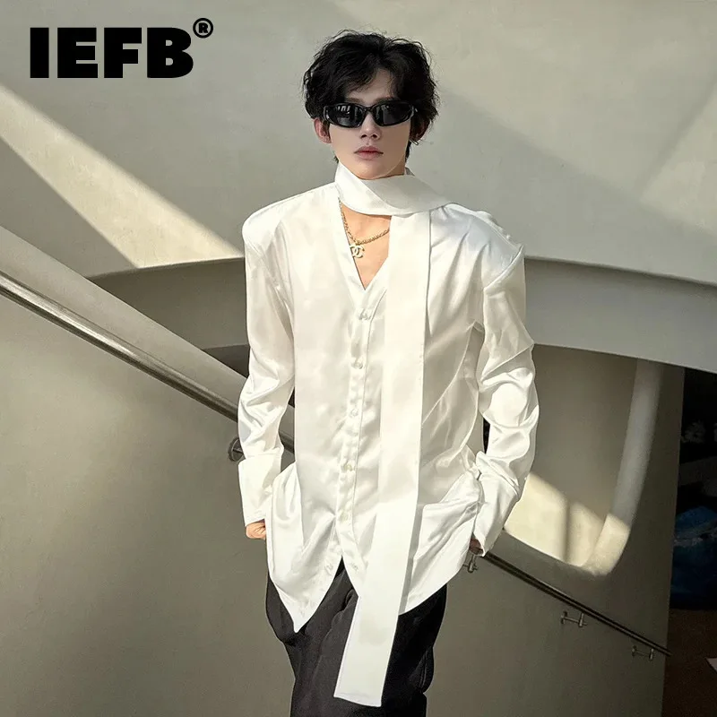 IEFB, camisas de manga larga para hombre, nuevo diseño de cinta de estilo coreano, camisetas masculinas de moda de un solo pecho de Color sólido personalizado 9W2179