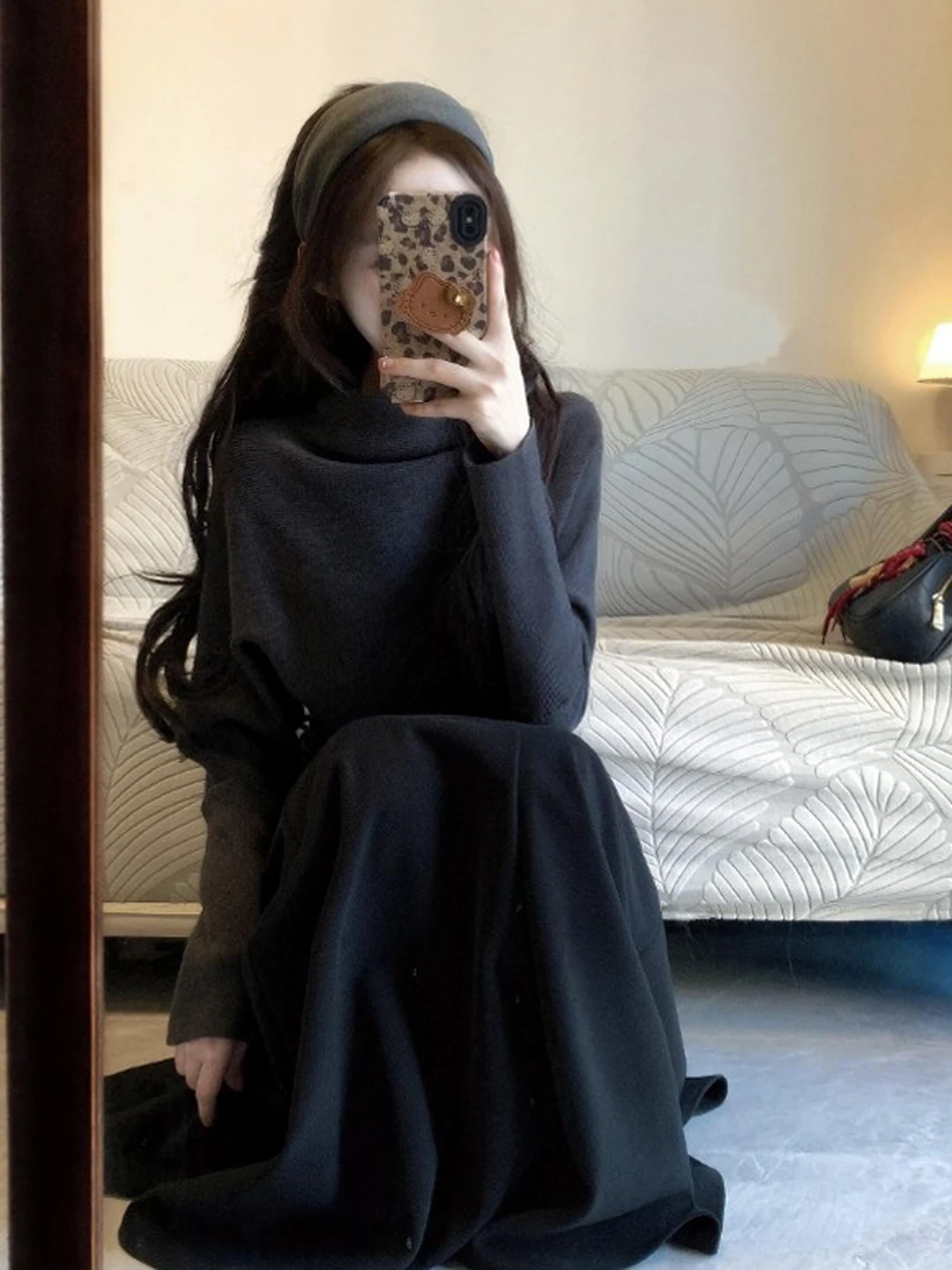 

Корейский модный комплект OOTD: мягкая юбка и топ, весна 2026, удобный, с длинным рукавом, высоким воротником, из смесового хлопка