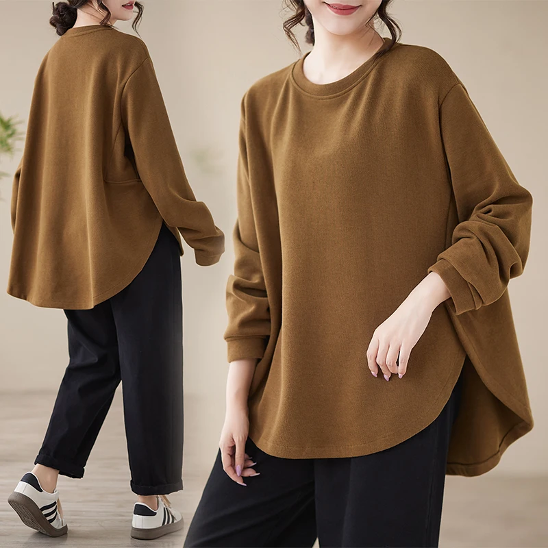 

Свободный крой Long Sve Crew Ne, однотонная круглая футболка Ne Design, милый повседневный удобный женский топ