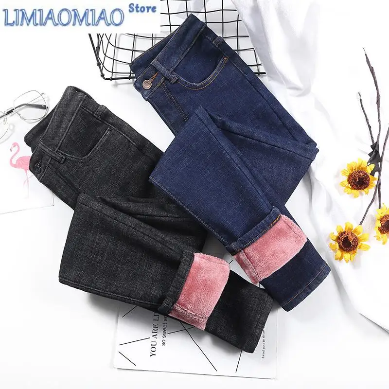 New Warm Lamb Fleece Women Pants Winter Denim Skinny Stretch Jeans High Waist Street Fashion Casual Female Leggings