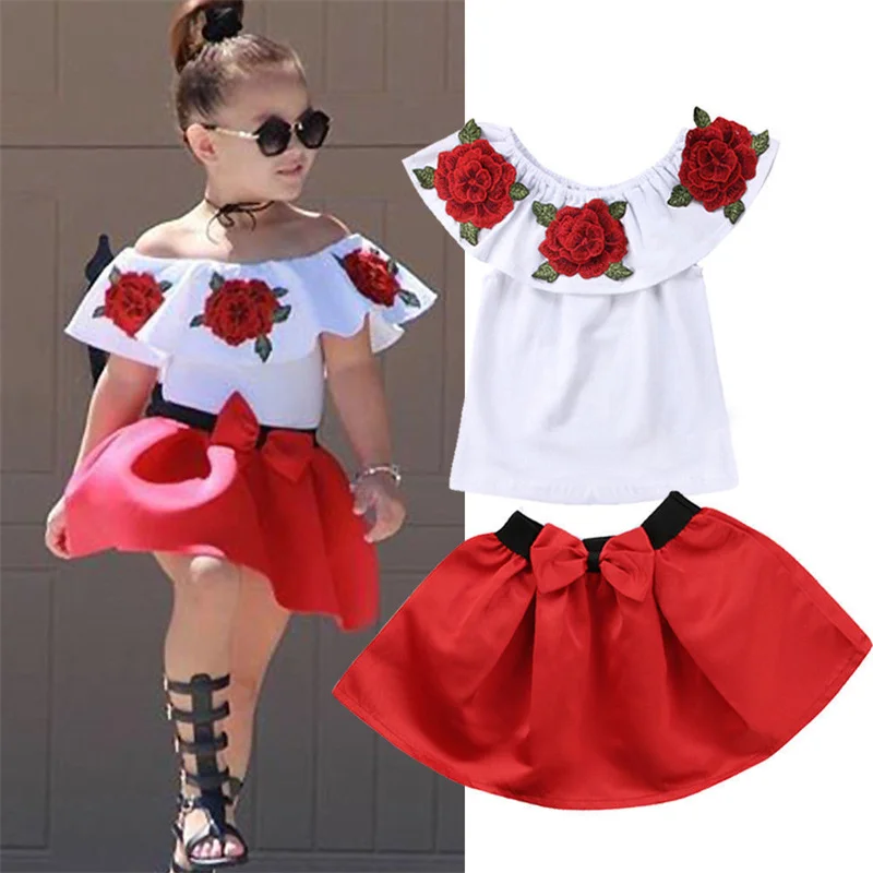 

Summer New Baby Girls Set Rose Embroidered Top Toddler Clothing Bow Red Skirt Children 2Pcs Sweet Fashion Kids Costume Outfit