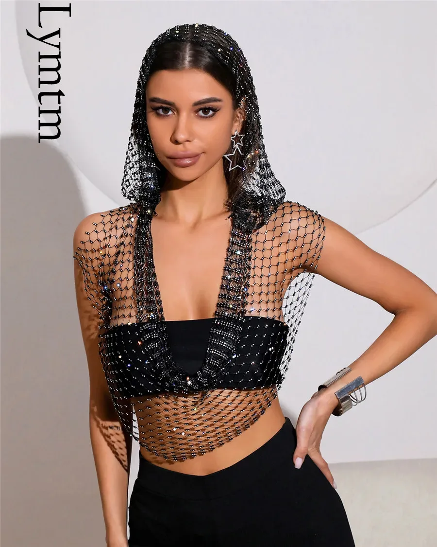 Sexy Deep V Neck Backless Camisole For Women Shiny Rhinestone Hollow See Through Fishnet Hooded Tank Top Rave Festival Crop Tops