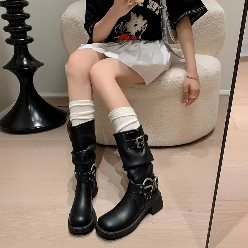 Fashion Buckle Motorcycle Boots Women Round Toe Med Heels Ankle Boots Woman 2024 Pu Leather Square Heel Autumn Platform Shoes