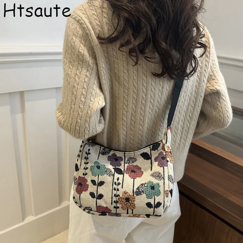 

Flower Printed Canvas Women Shoulder Bags Female School Messenger Bags Buckle Unisex College Student Ladies Crossbody Bookbag