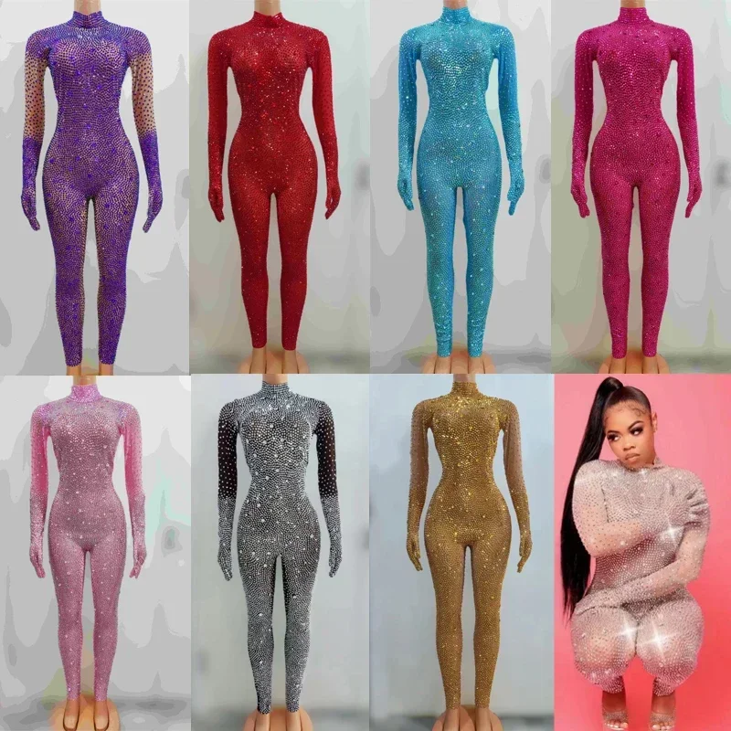 8 Colors Full Rhinestones Jumpsuit Gloves Women Birthday Celebrate Leotard Performance Rave Outfit Stage Gogo Costumes