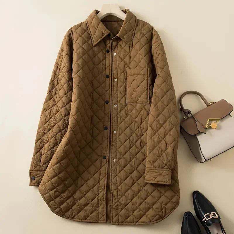 Light Thin Down Cotton-Padded Ladies Jacket Medium Long Water Caltrop Grid Cotton Keep Warm Shirt-Type Cotton-Padded Women Coat