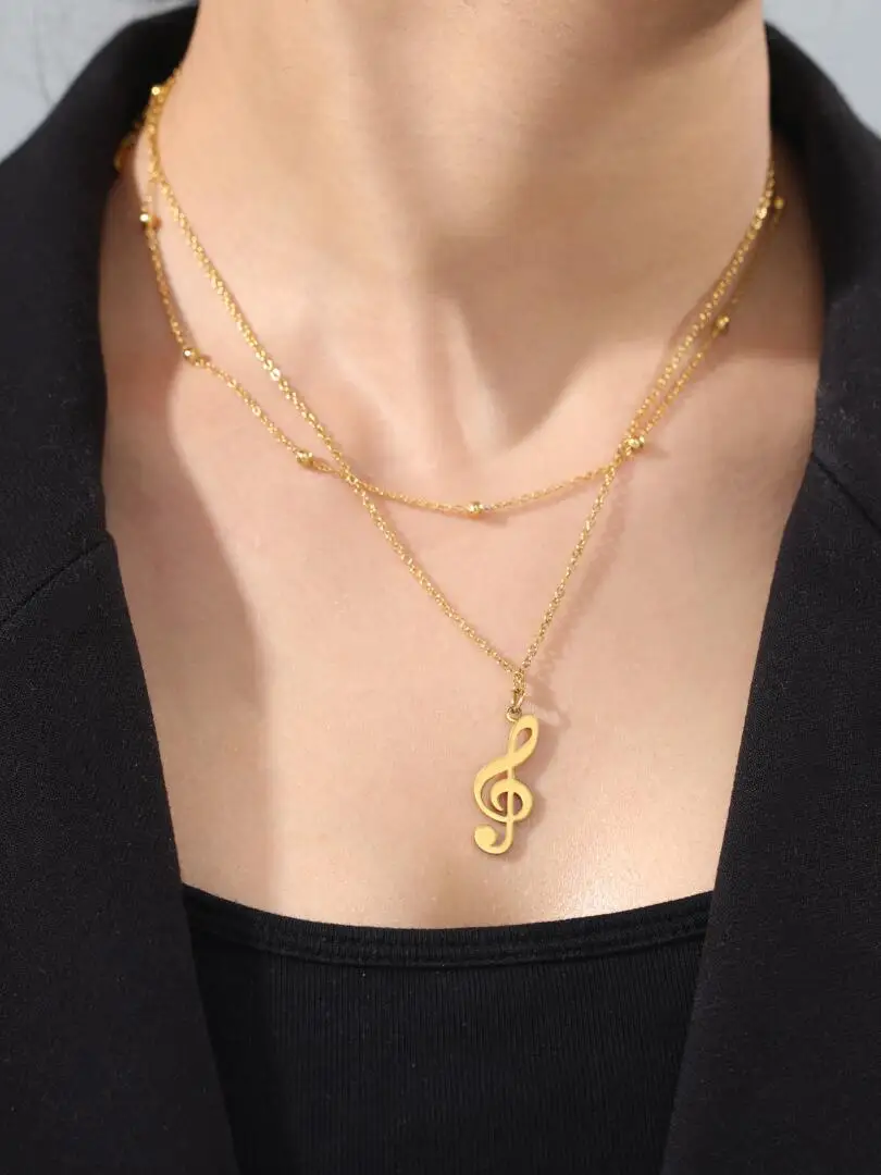 

1PC nice Stainless Steel Musical Note Pendant Necklace Women Beads Chain Double Layered Necklaces Punk Hip Hop Jewelry F1486