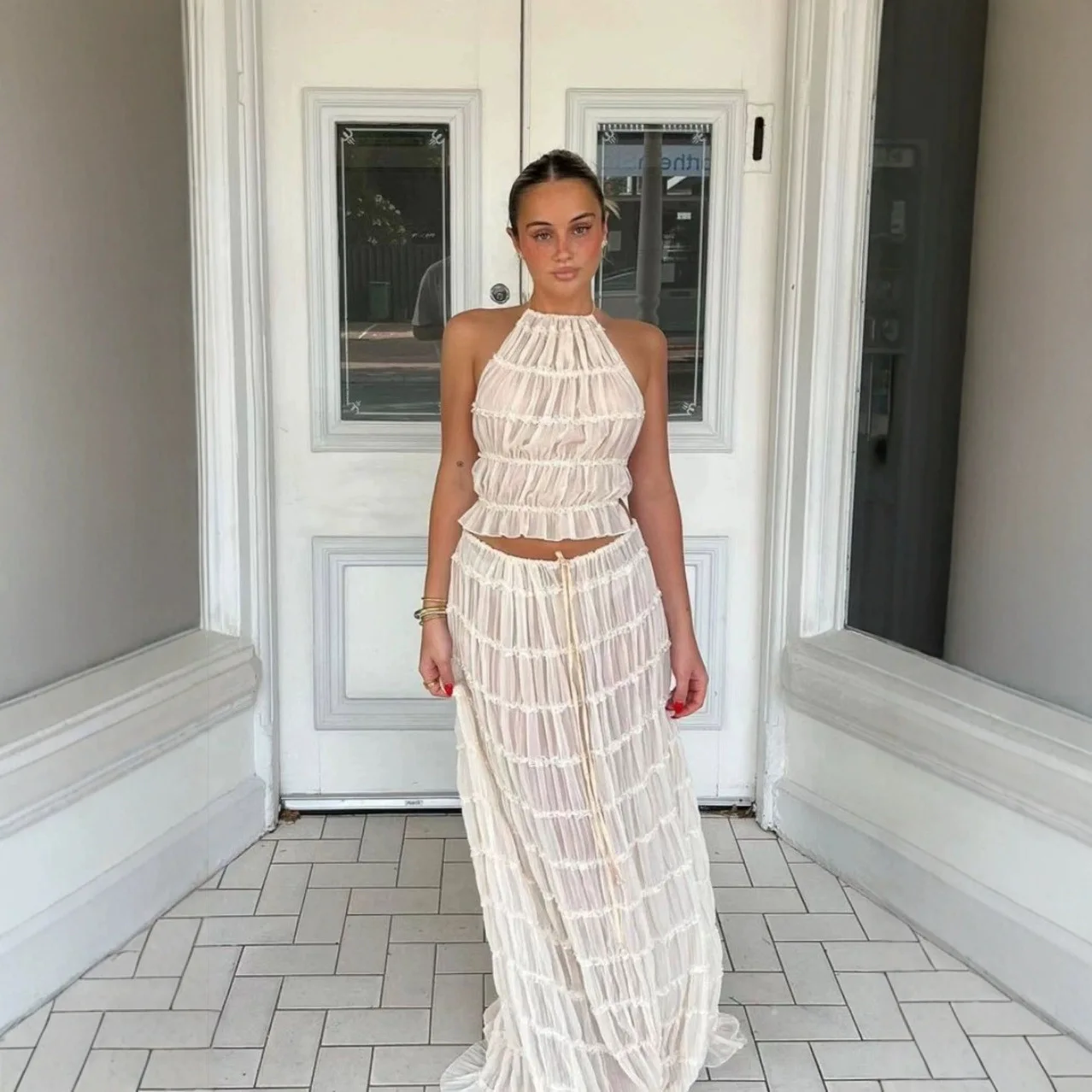 2025 ربيع وصيف موضة جديدة مثير عارية الذراعين الرسن الدانتيل سترة فستان طويل مجموعة #4