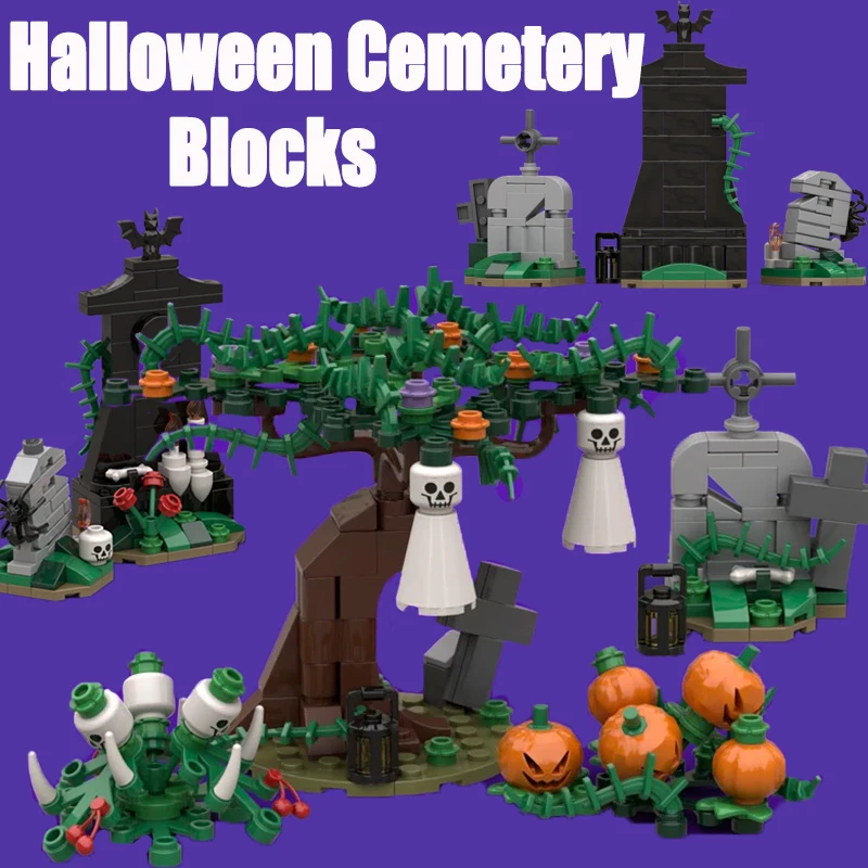 MOC City Halloween Cemetery Buidling Blocks Street View Tombstone Ghost Pumpkin Skeleton Bat  Accessories Bricks Toy Friend Gift