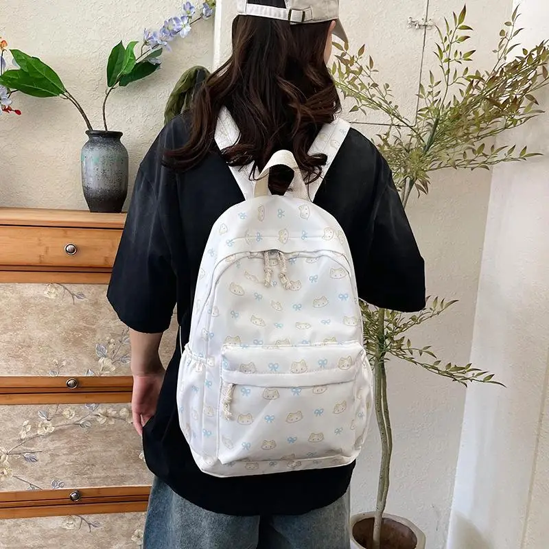 

Appealing Kitty Cartoon Design Backpack Ample Capacity Student Case Modern Chic Trendy Feminine Bag Handy Touring Bag Gift