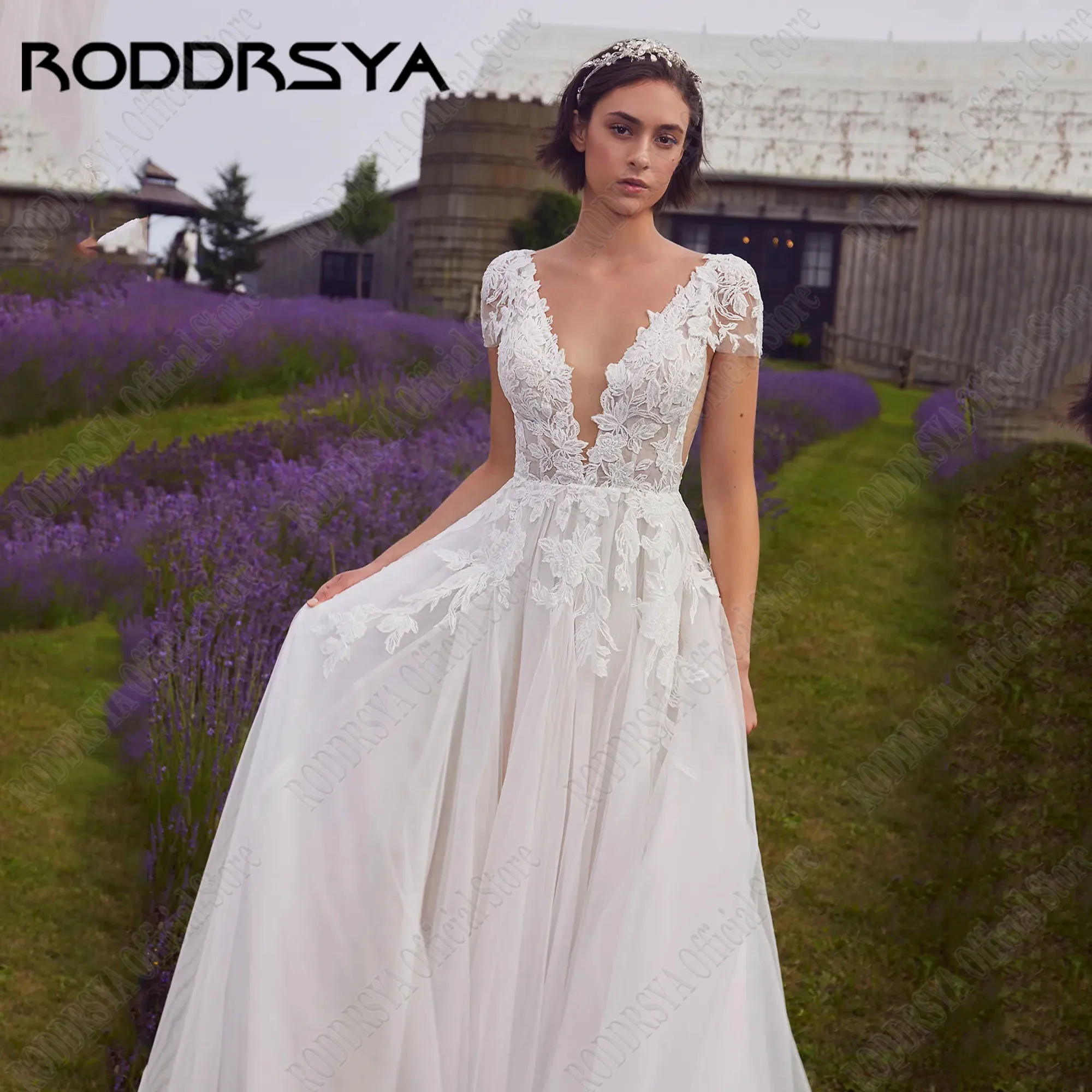 RODDRSYA-Vestidos De Novia De encaje con escote en V profundo, Vestidos De Novia De manga corta con Espalda descubierta, apliques De tul, línea A