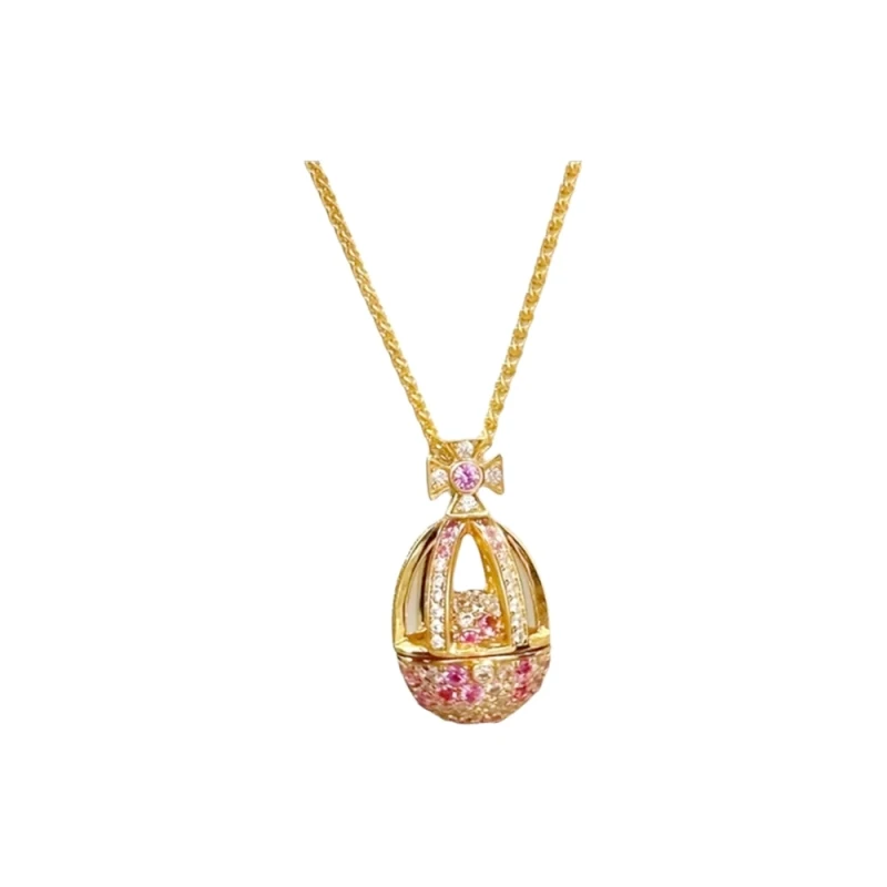 

CAMEO Silver Jewelry Peach Necklace S925 Silver Gold Plated Full Diamond Pink Zircon Foldable Exquisite Versatile Necklace