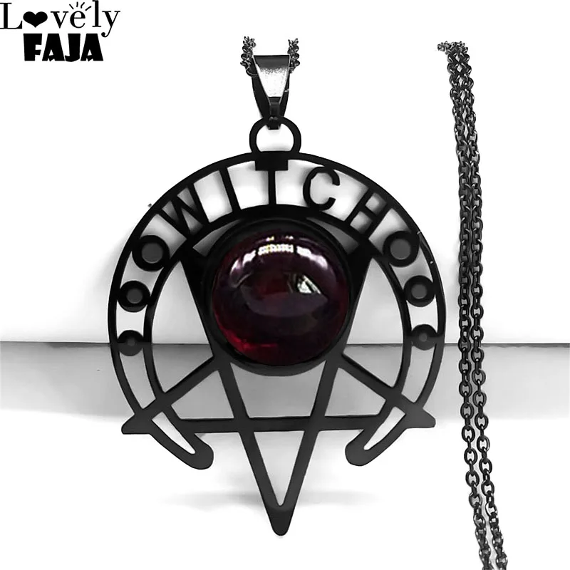 Gothic Witch Moon Dark Magic Inverted Pentagram Necklaces Stainless Steel Red Stone Witchcraft Crescent Necklace Jewelry N2329