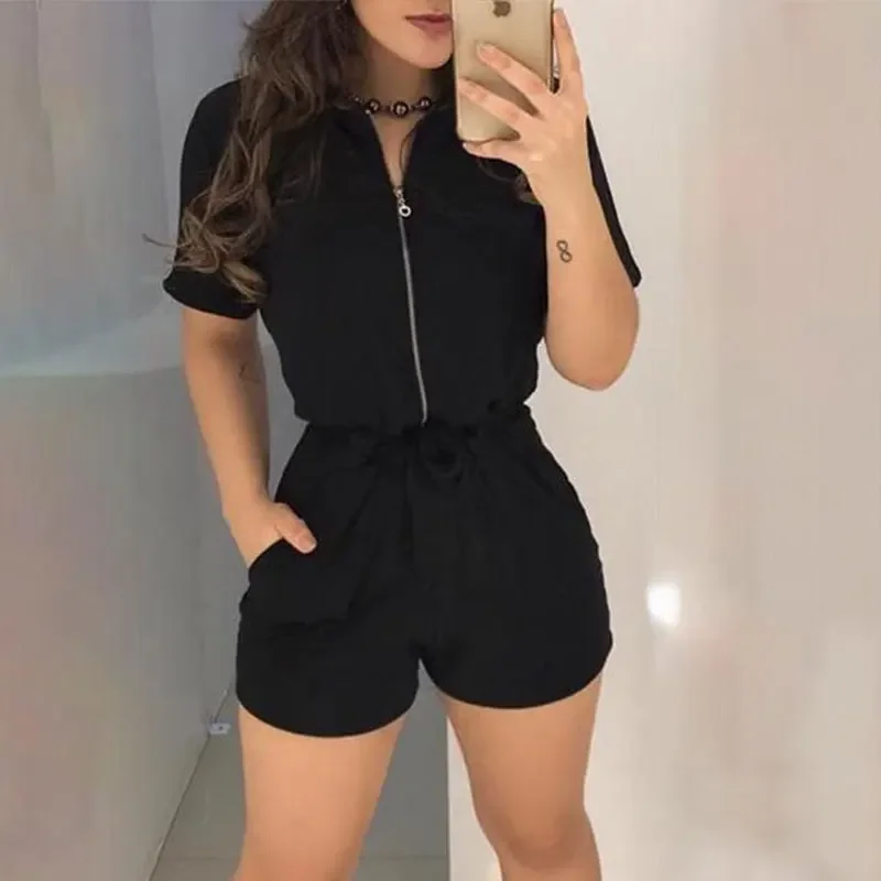 Summer Women Casual Daily One Piece Suit Sets Black Cool V Neck Short Sleeve Workwear Zipper Design Romper with Pockets