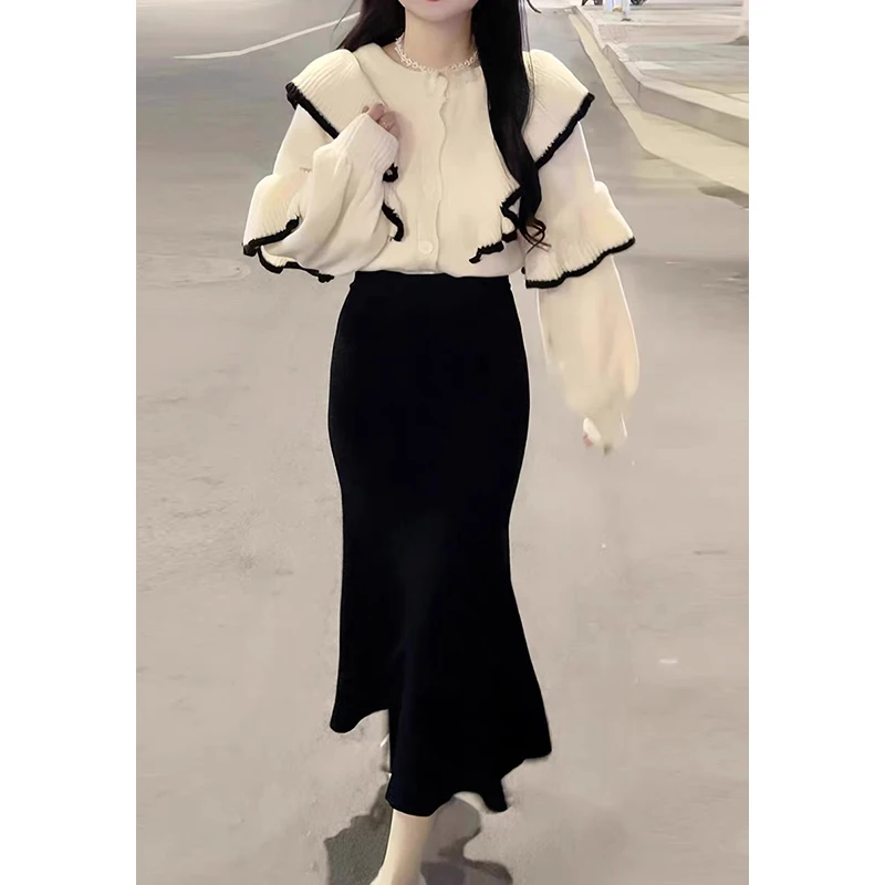 Winter Knitted Design Sense Sheath A Word Fishtail Skirt Women's Plus size Fat Girl High Waist Black with Sweater Skirt