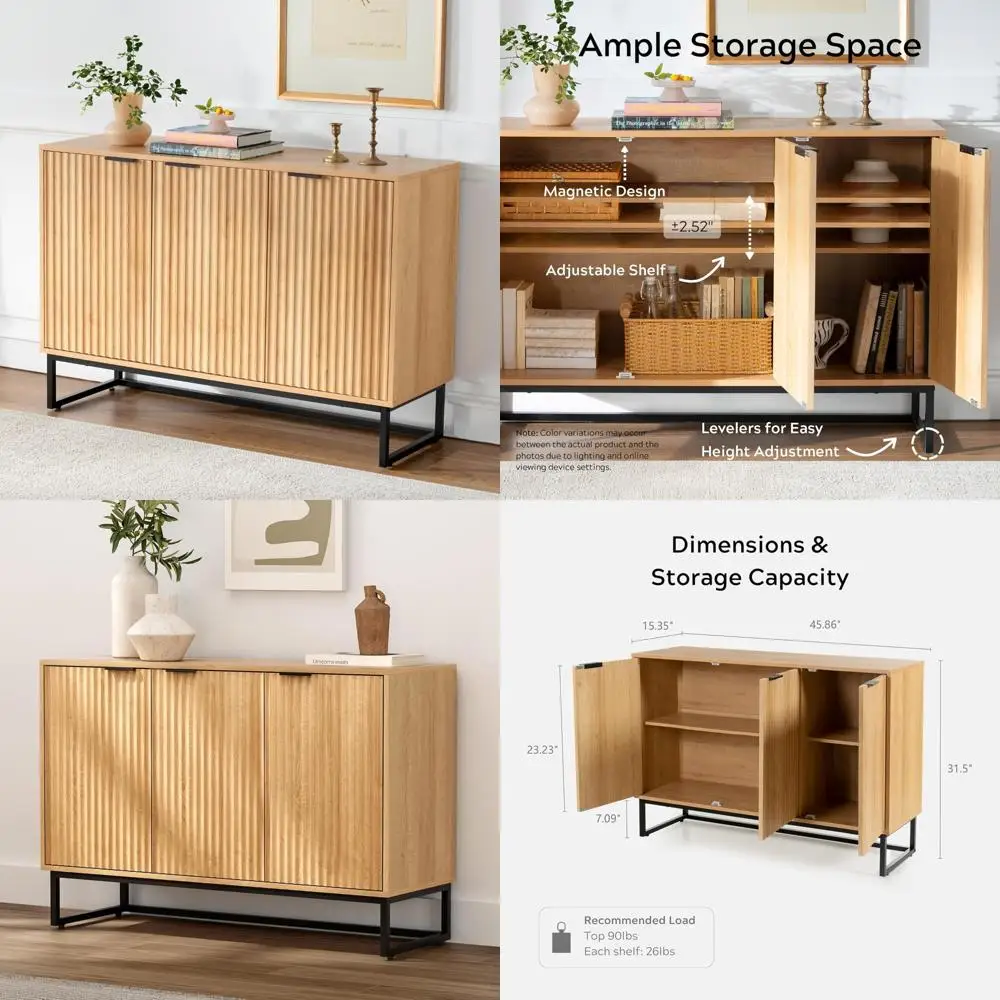 fluted storage cabinet with 3 doors, sideboard buffet cabinet, modern accent cabinets with adjustable shelves, wooden credenza c