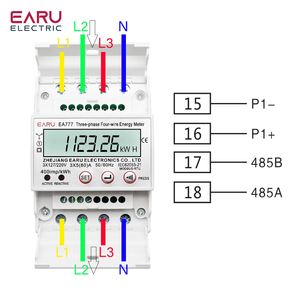 4P 3 Phase 4 Wires BI-Direction Measuring Energy Meter Electricity Usage Meter Din Rail AC 3*230/400V LCD Multifunction Display