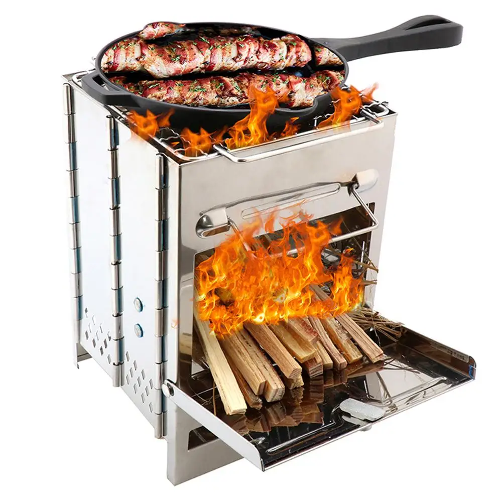 Mini Outdoor Firewood Stove Camp Cooking Picnic Travel Stainless Steel Square Wood Stove Charcoal Folding Grill BBQ Shelf Tools