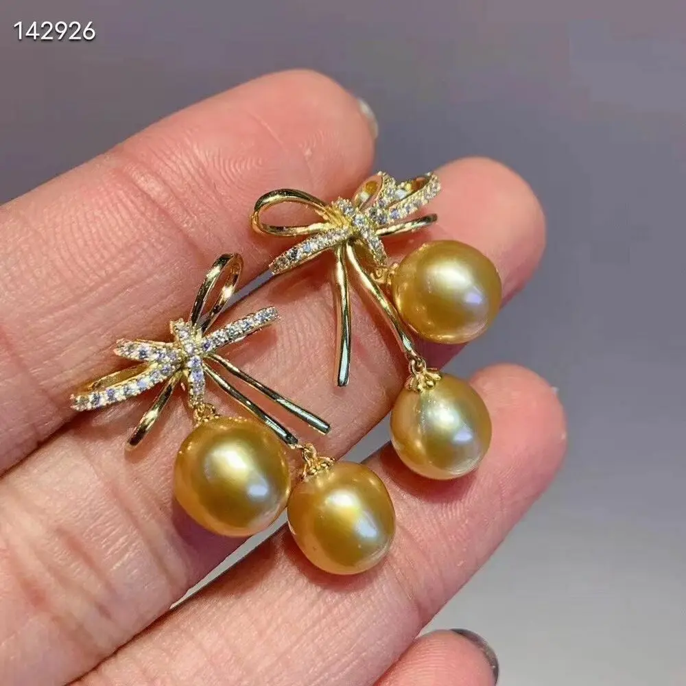 

gorgeous 8-9mm south sea gold baroque pearl dangle earring 925s