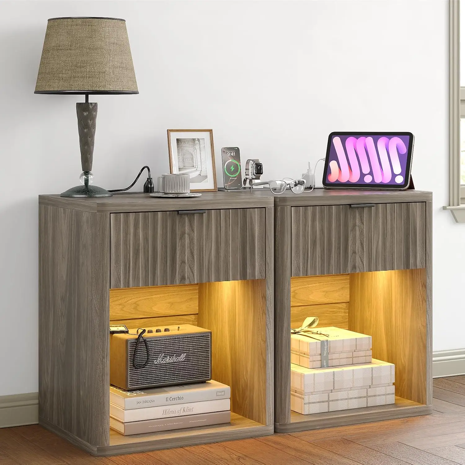 Fluted Night Stand Set of 2 with Charging Station & LED Lights, Modern Bedside Tables with Outlets/USB for Bedroom,, Customized