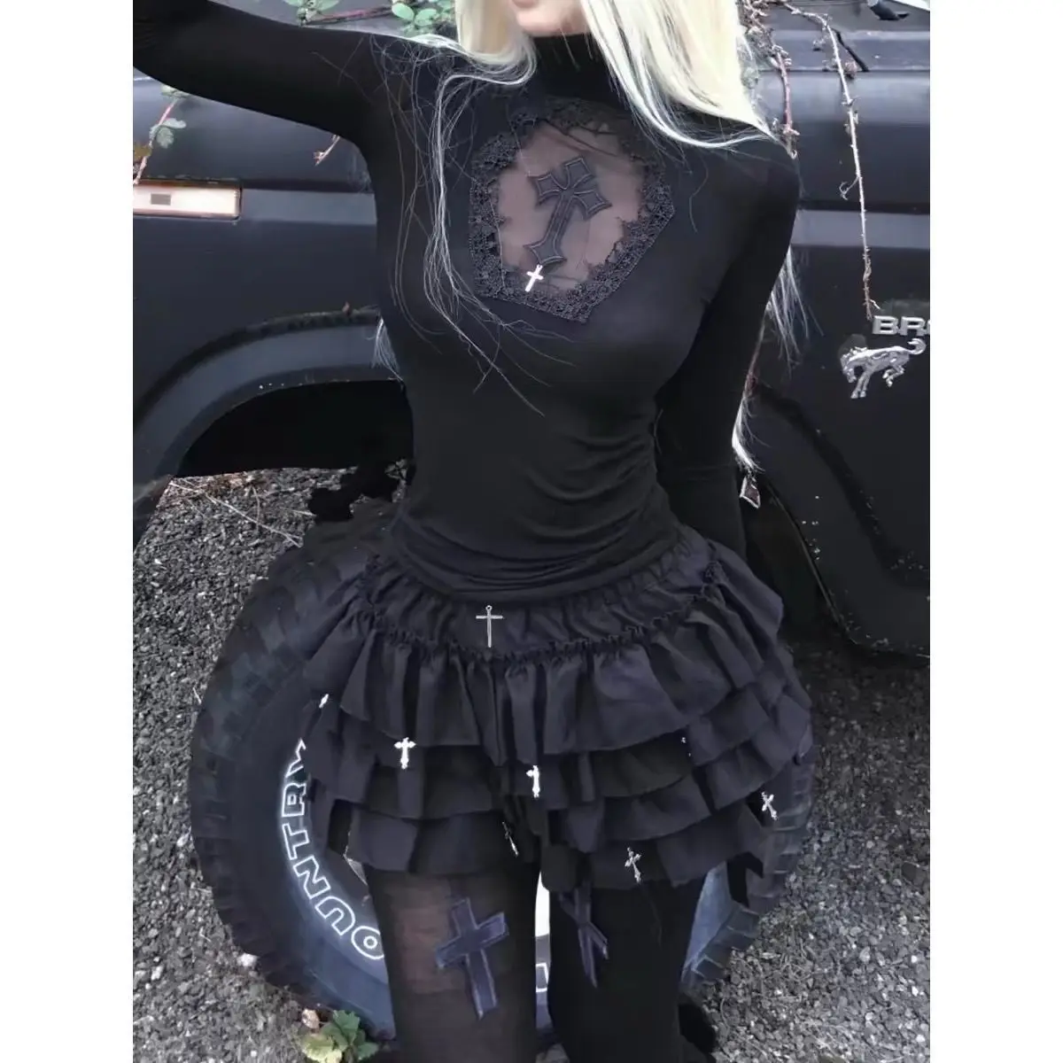Coalfell Gothic Abi Style Cross Black Puffy Skirt Female Subculture Punk Y2k Half Body Cake Skirt